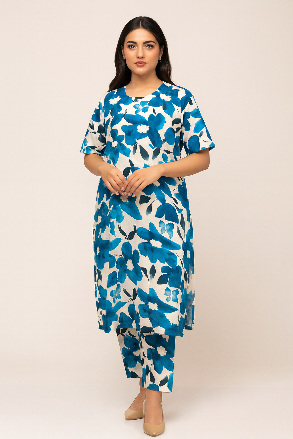 Blue Floral Coord Set - 2 Piece Outfit with White Flower Print in Large Size - Premium Ethnic Wear | Hamnaas Outlet